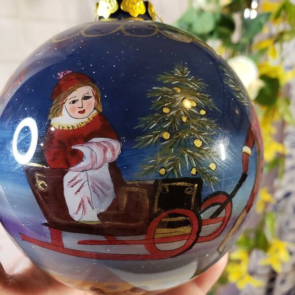 Inside Painted Glass Christmas Ornament Victorian Style Children on Sled Ball - Picture 1 of 9